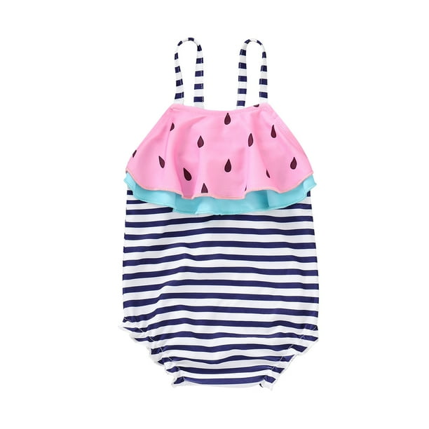 Waymine Kids Baby Girl Swimwear Watermelon Print Striped One Piece Bathing Beach Romper